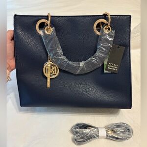 Badgley Mischka Navy Blue Tote Bag with Gold Accents